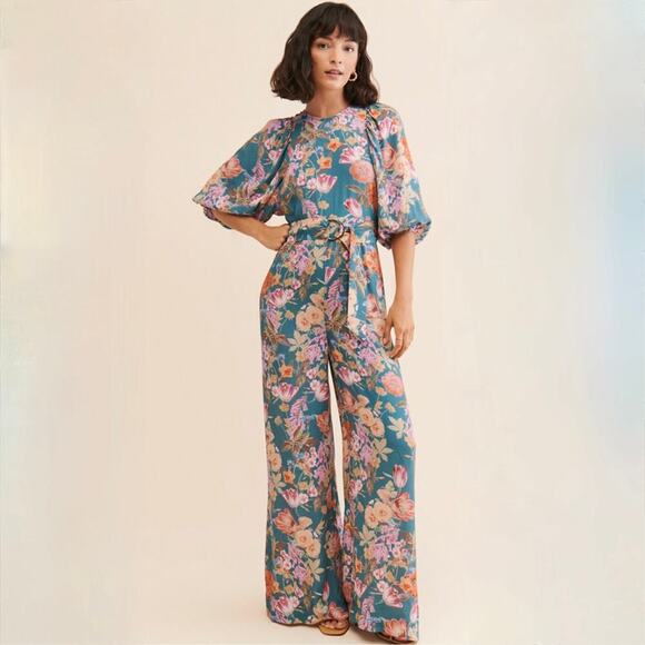 Kachel Pants - Anthropologie Kachel Floral Balloon Sleeve Jumpsuit - Blue Green - Size 0